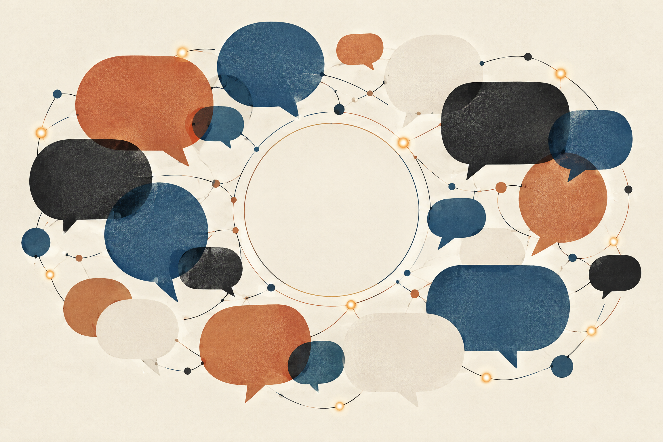 Ilustración conceptual de una conversación cívica colectiva con nodos y globos de diálogo sin mensajes identificables.
