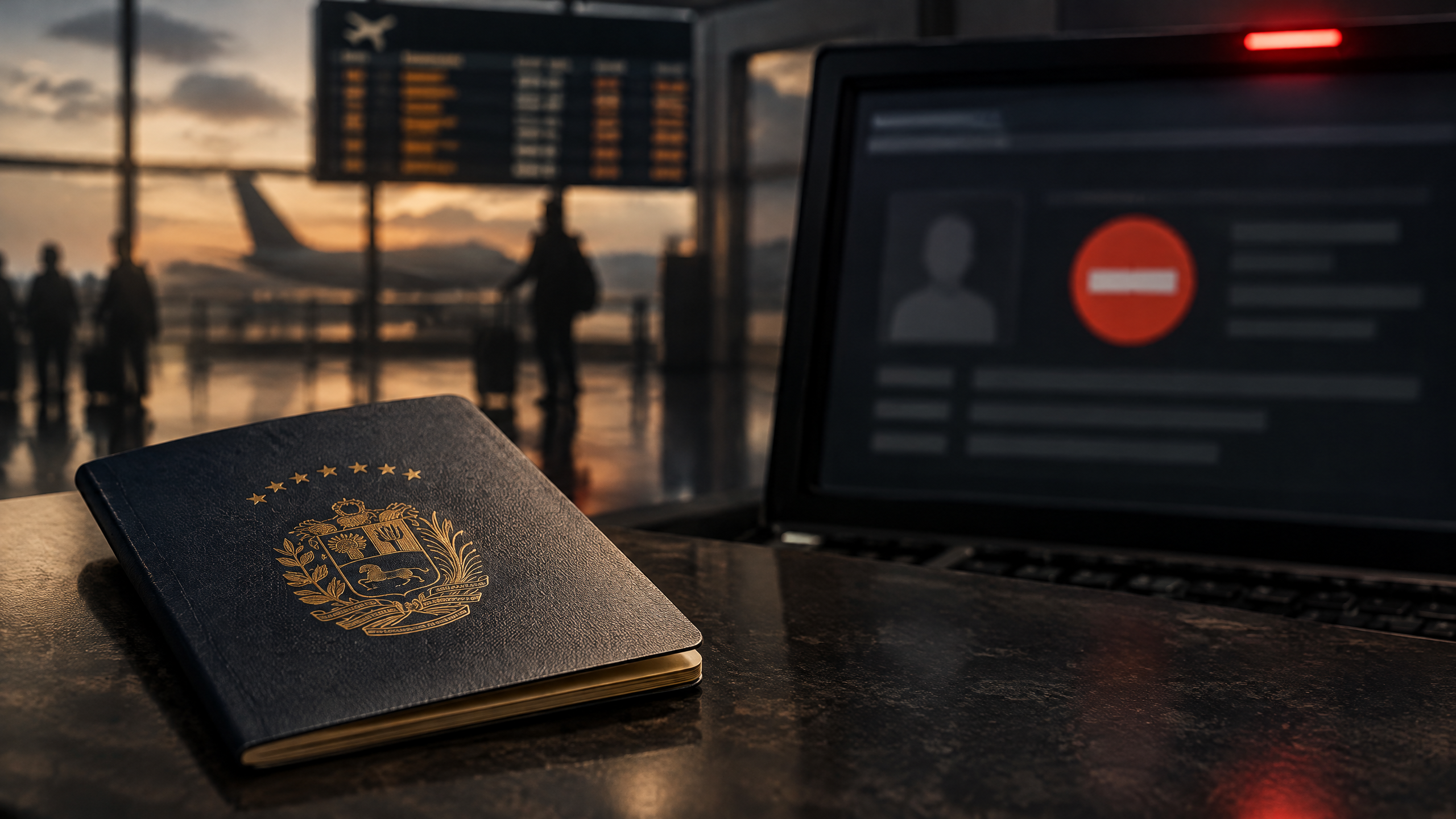 Imagen conceptual sobre pasaporte, bloqueo administrativo y sistema policial.
