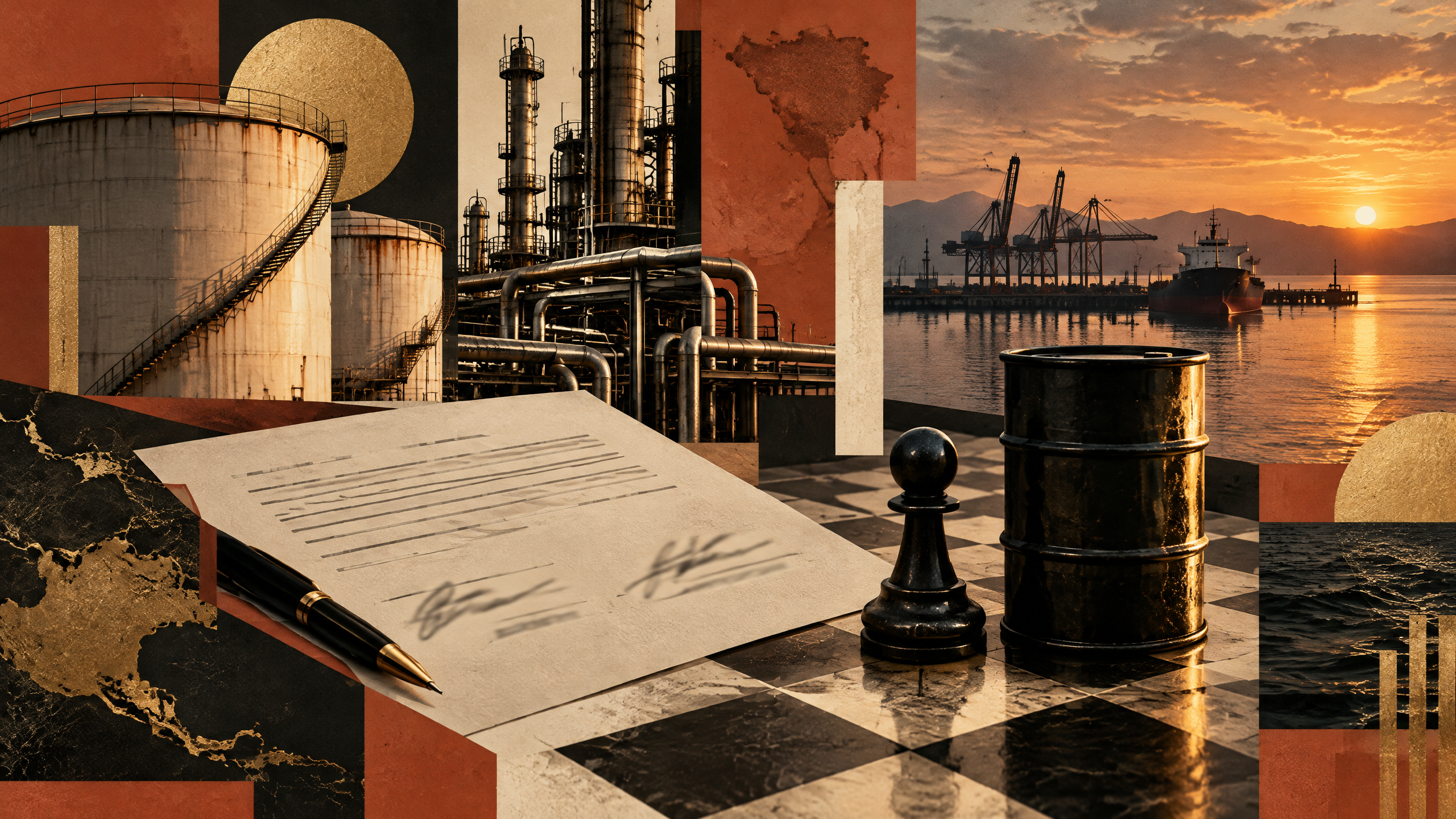 Ilustración conceptual abstracta sobre petróleo, contratos y poder económico; sin rostros ni figuras humanas.