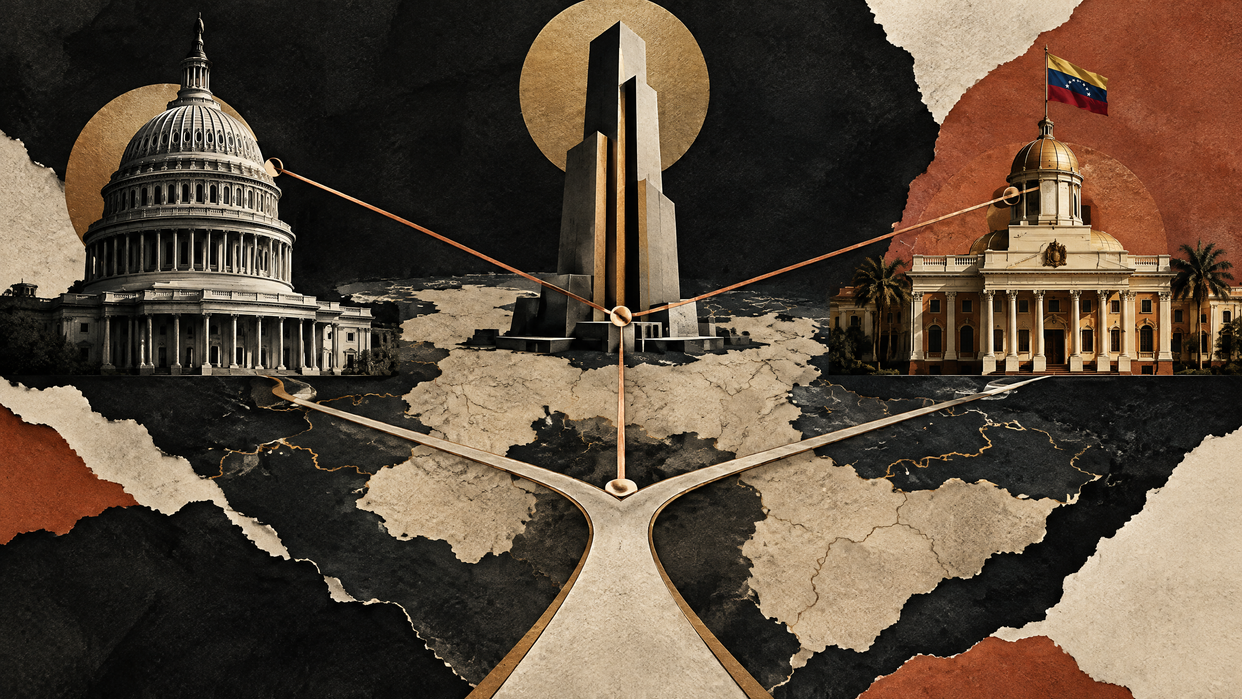 Ilustración conceptual abstracta sobre tres centros de poder geopolítico; sin rostros ni figuras humanas.