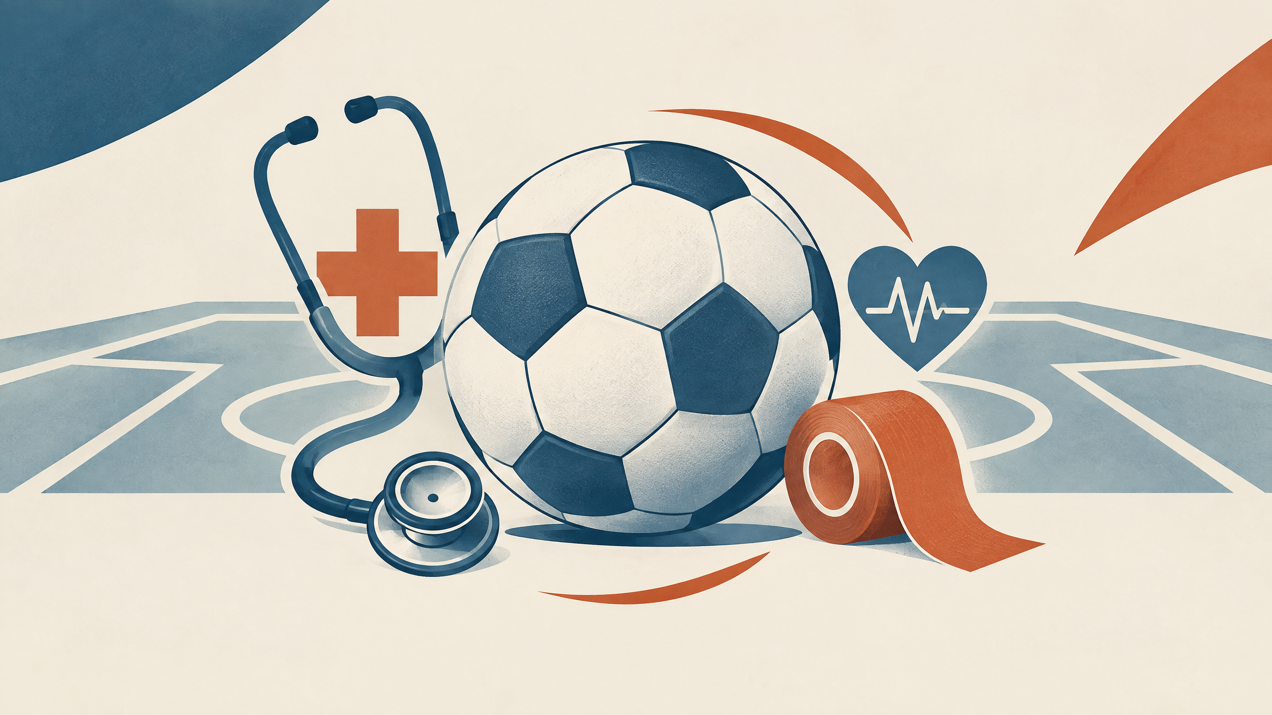 Ilustración conceptual de fútbol femenino, salud deportiva y un campo de entrenamiento.