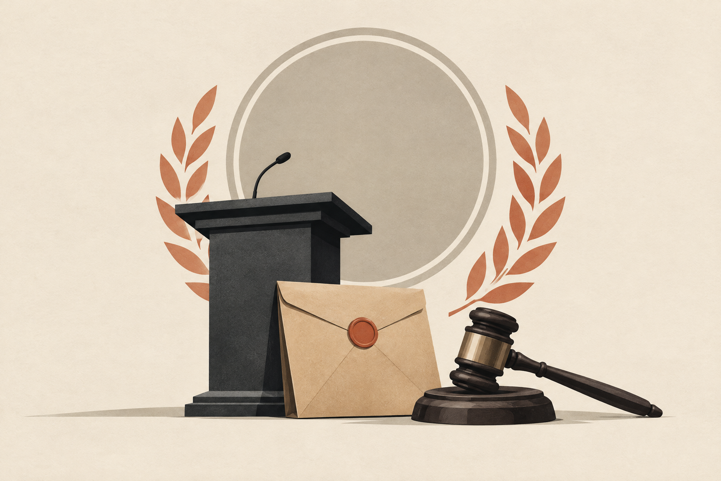 Ilustración conceptual de evidencia, justicia y una promesa de recompensa electoral sin mecanismo público.