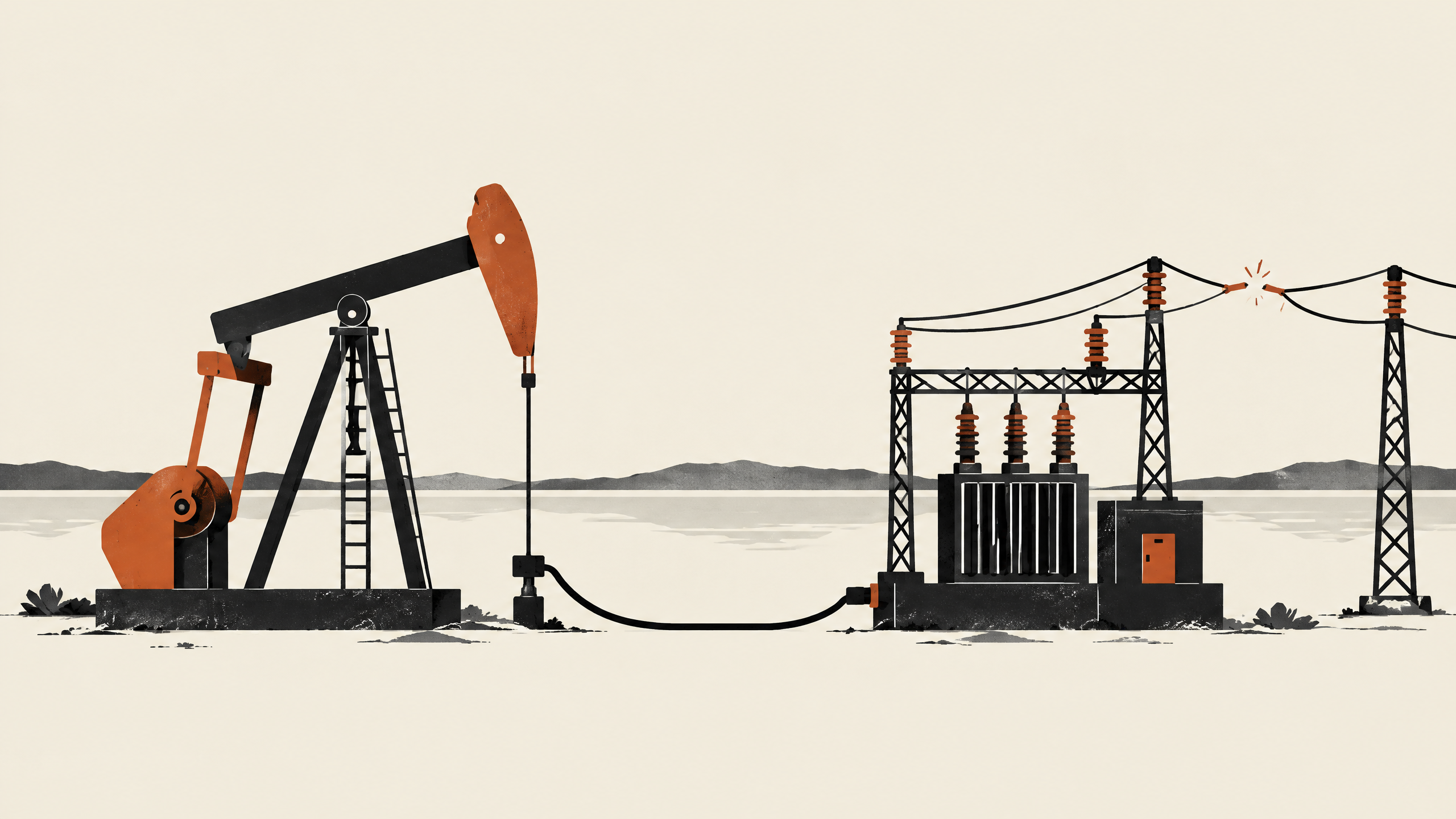 Ilustración conceptual de infraestructura petrolera conectada a una red eléctrica interrumpida.